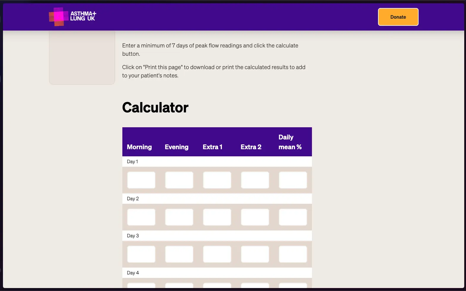 Asthma + Lung UK - PEF Calculator